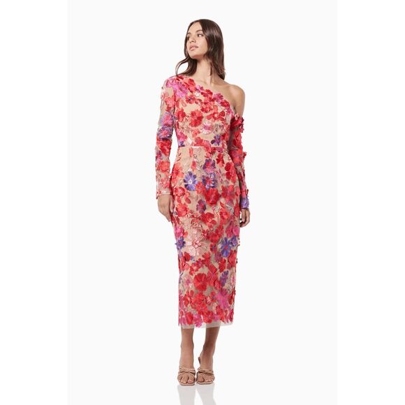 NWT Elliatt Merriment Electric Floral Appliqué Midi-Dress Red Beige Small $495 - Picture 2 of 10